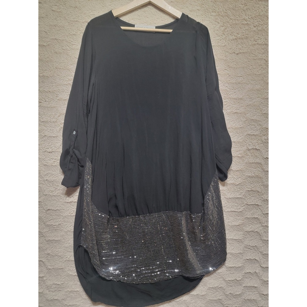 Angela Mara Italy Black Sequin Tunic Top Roll Tab Sleeve Viscose Blouse Size 2